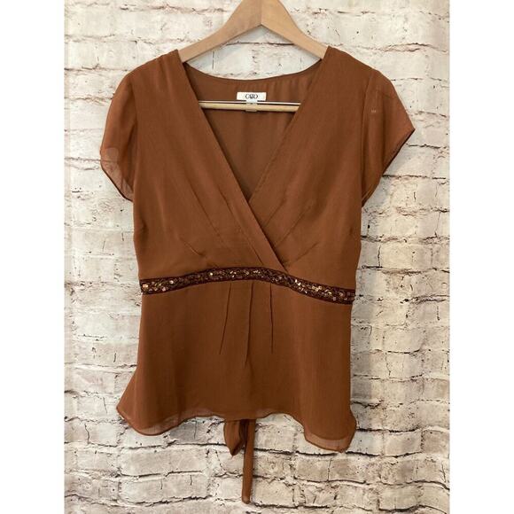 Cato Shirt Womens 14 Chocolate Brown Chiffon Beaded Short Sleeve V Neck Tie Back - Picture 1 of 14
